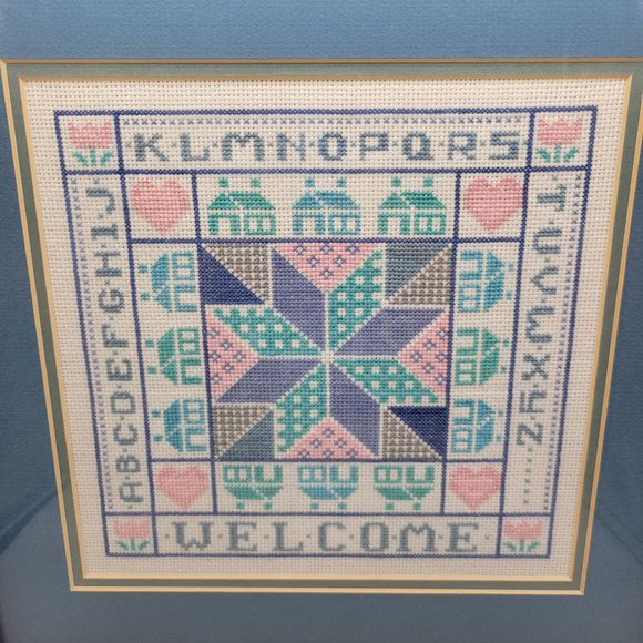 Welcome Sampler Cross Stitch Blue Pink Quilt Pattern Wood Framed - Picture 2 of 4